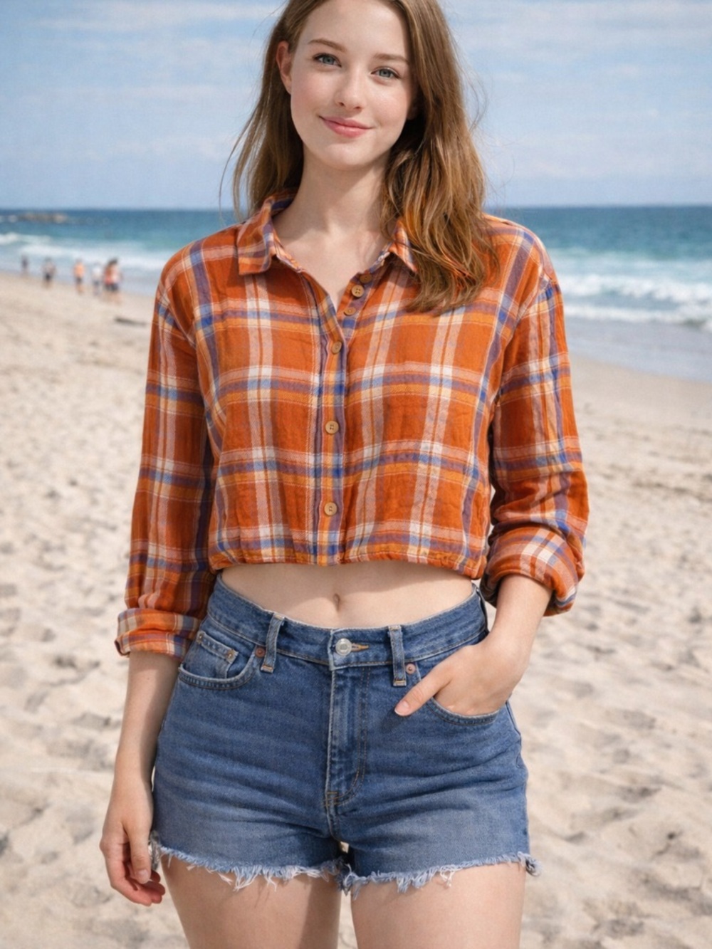 Forever 21 Orange Plaid Cropped Button-Down Shirt